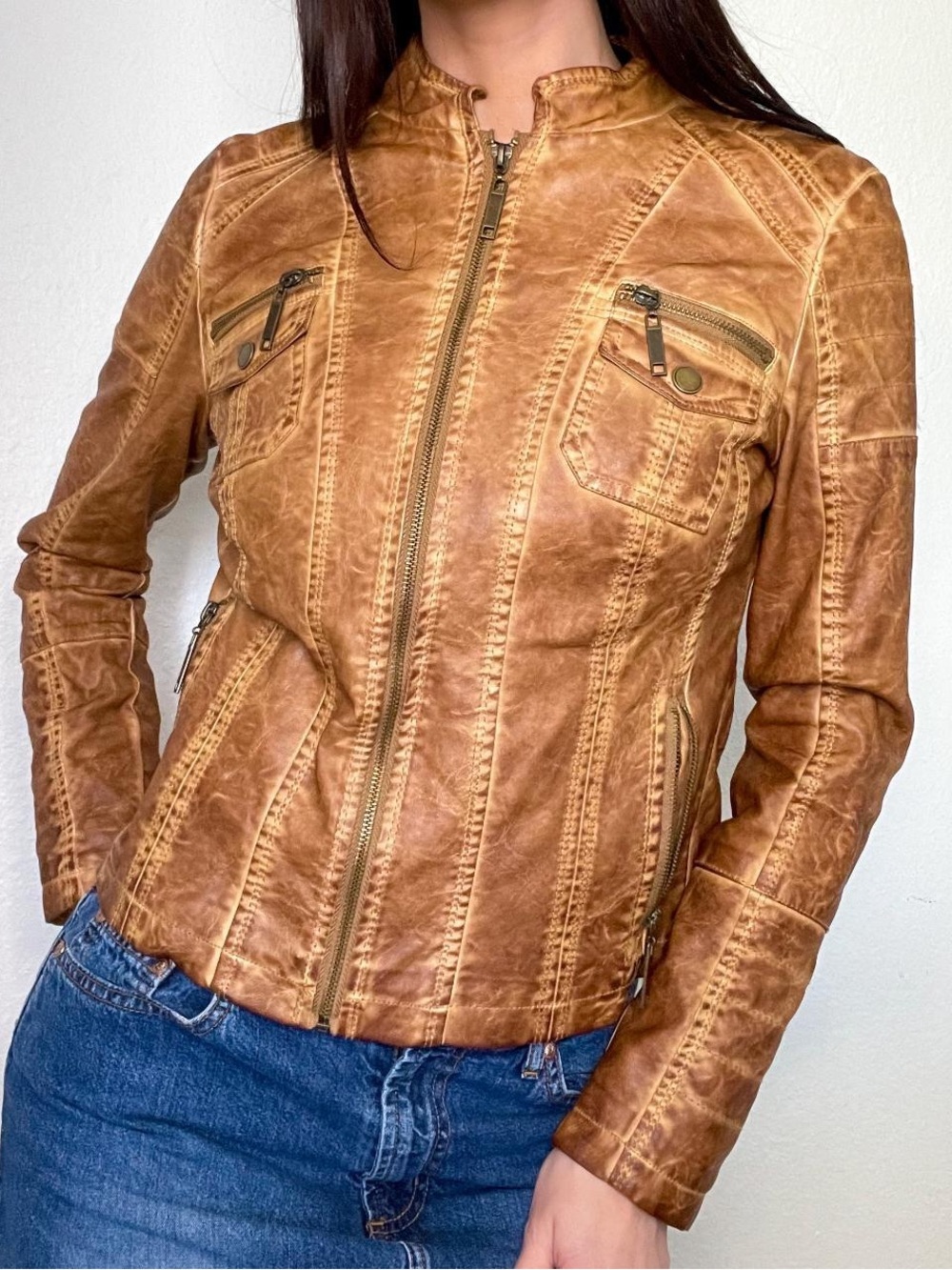 J2 Women’s Tan Faux Leather Zip Front Jacket EUC L